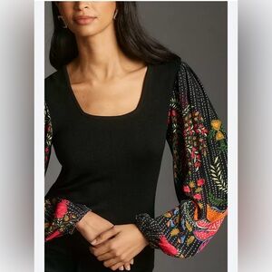 Blank London X Anthropologie Black Sweater with Floral Balloon Sleeves Boho